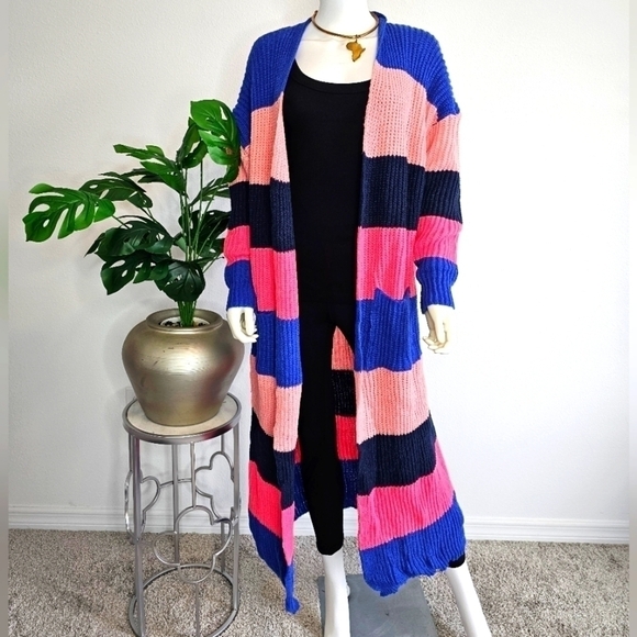 Cardigan Cable Knit Maxi Length Open Front Stripe Print Sweater - Picture 1 of 3